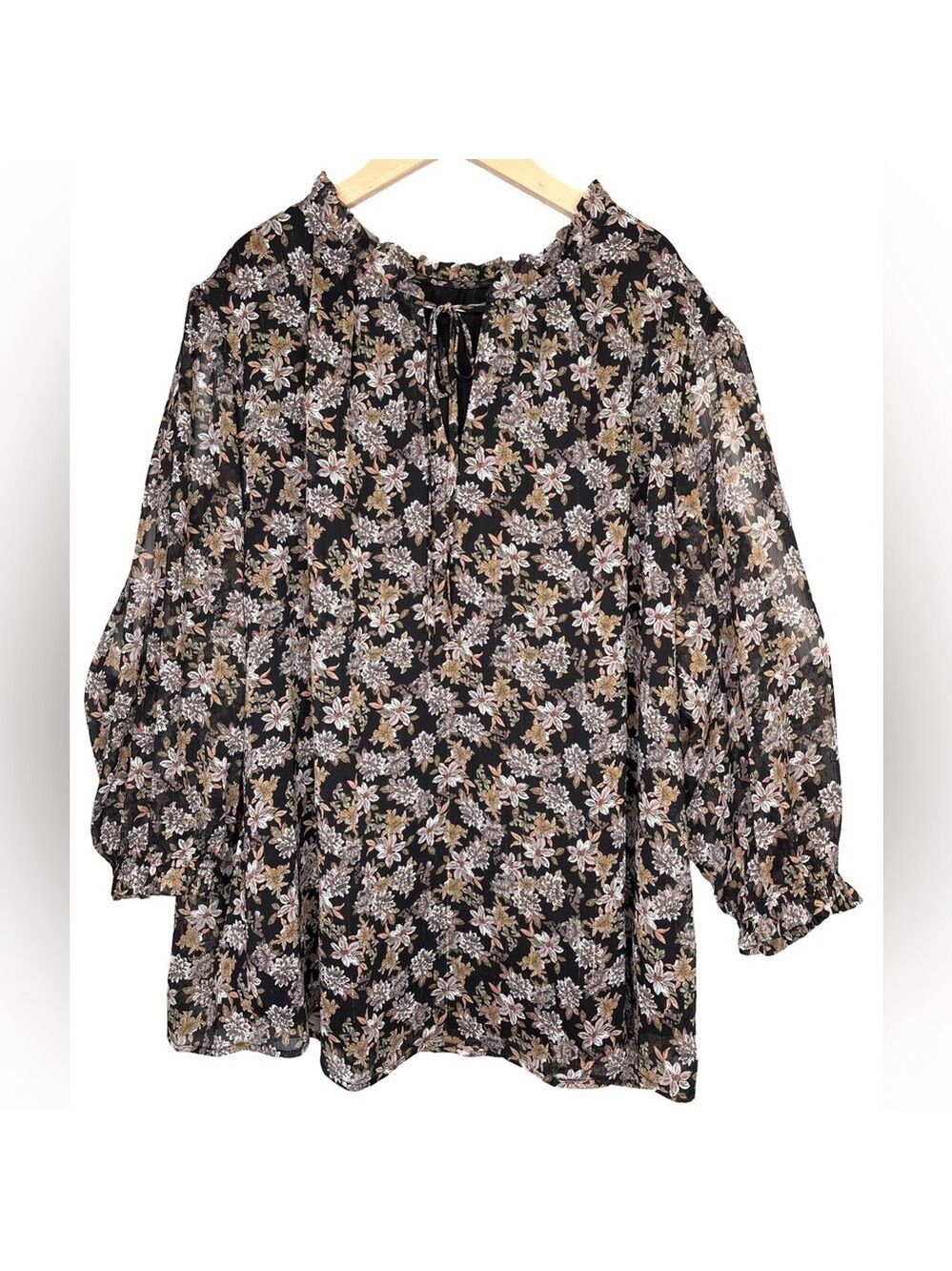 Black Floral Women's Long Sleeve Polyester Top XXl (P2P26”)